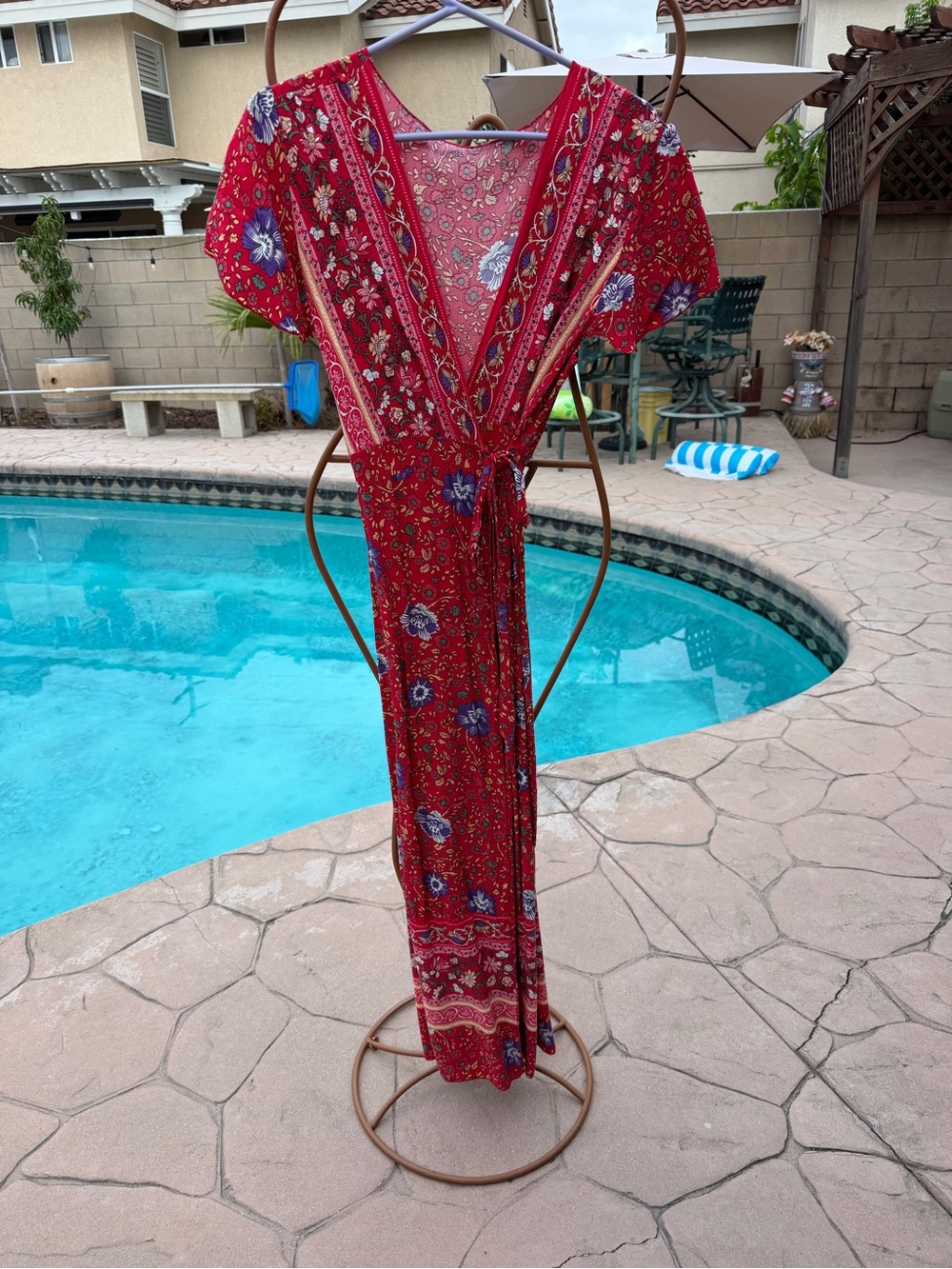 Bohemian Red Floral Wrap Maxi Dress